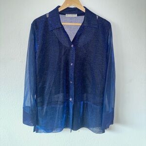 Vintage Blue Sheer Button-Up Party Blouse